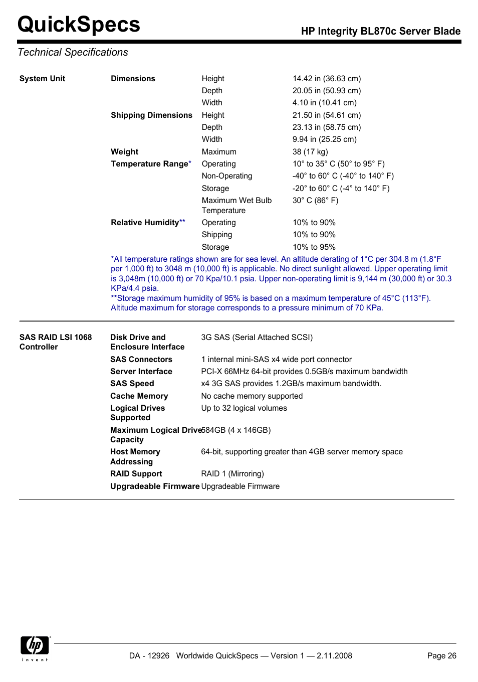 Technical specifications, Quickspecs | HP Integrity BL870c User Manual | Page 26 / 27