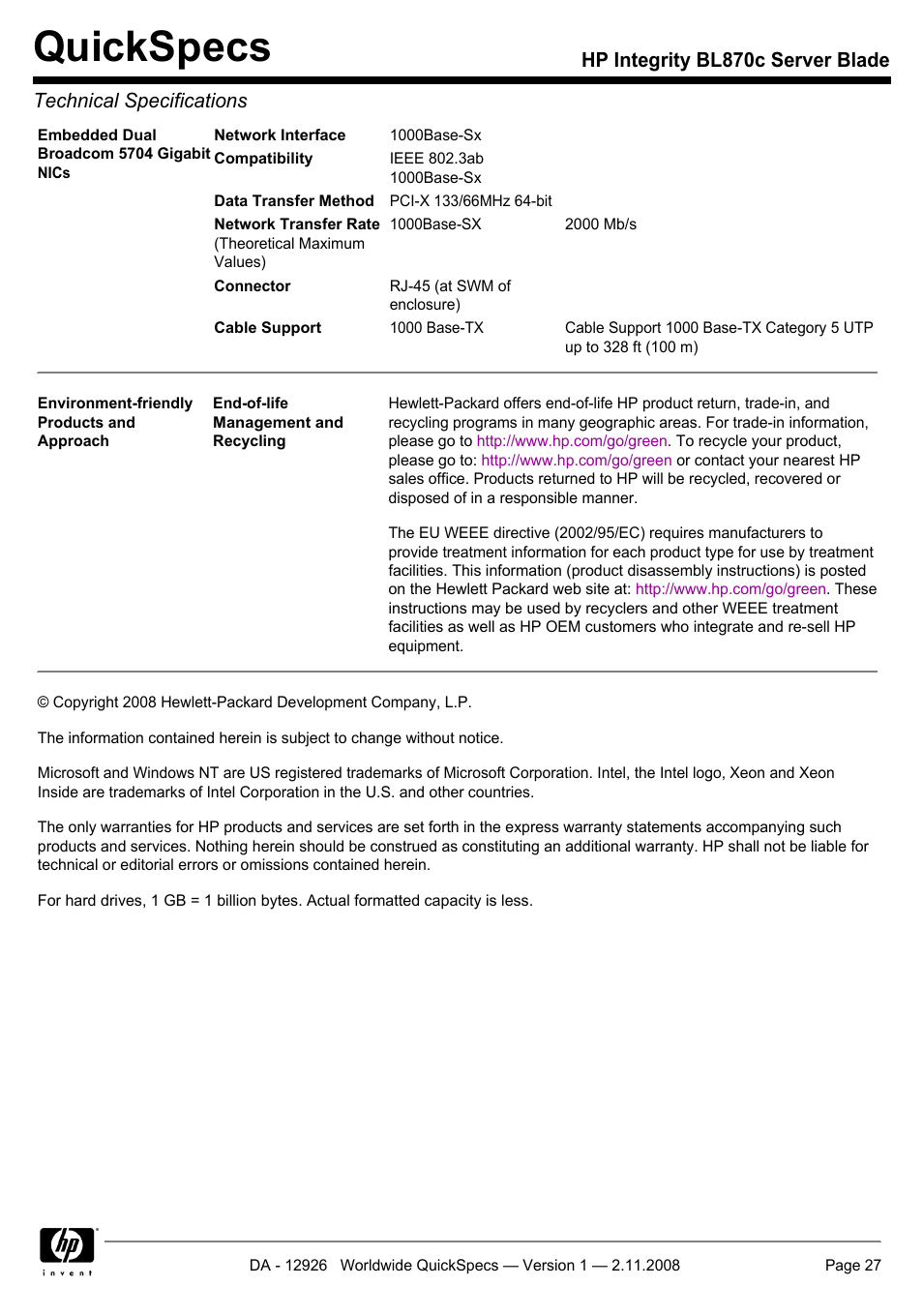 Quickspecs | HP Integrity BL870c User Manual | Page 27 / 27