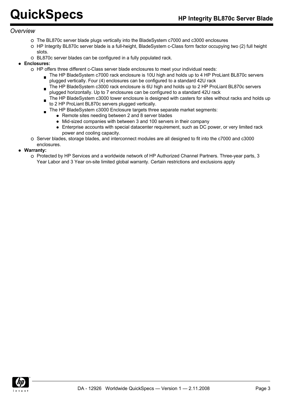 Quickspecs | HP Integrity BL870c User Manual | Page 3 / 27