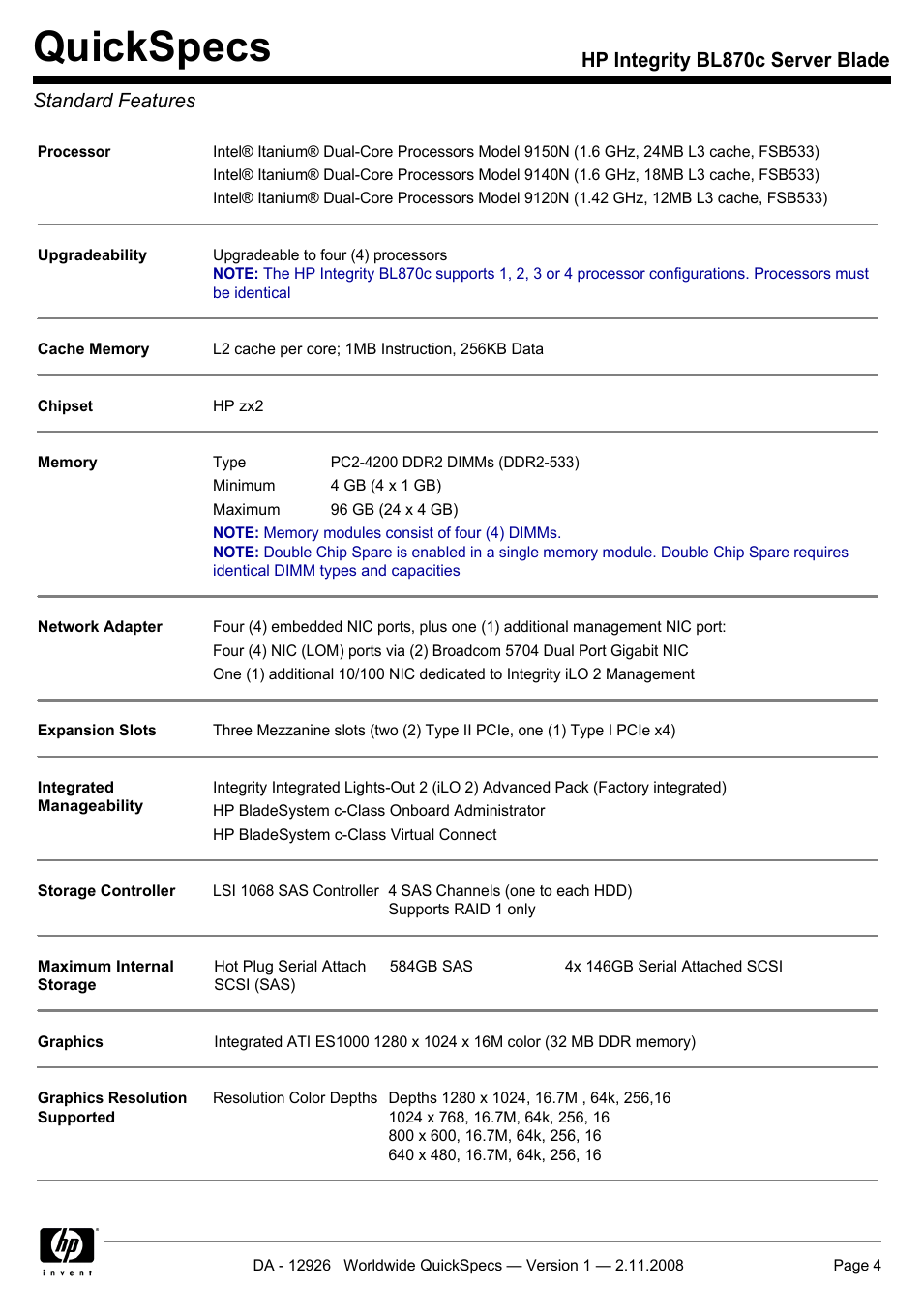 Standard features, Quickspecs, Hp integrity bl870c server blade standard features | HP Integrity BL870c User Manual | Page 4 / 27