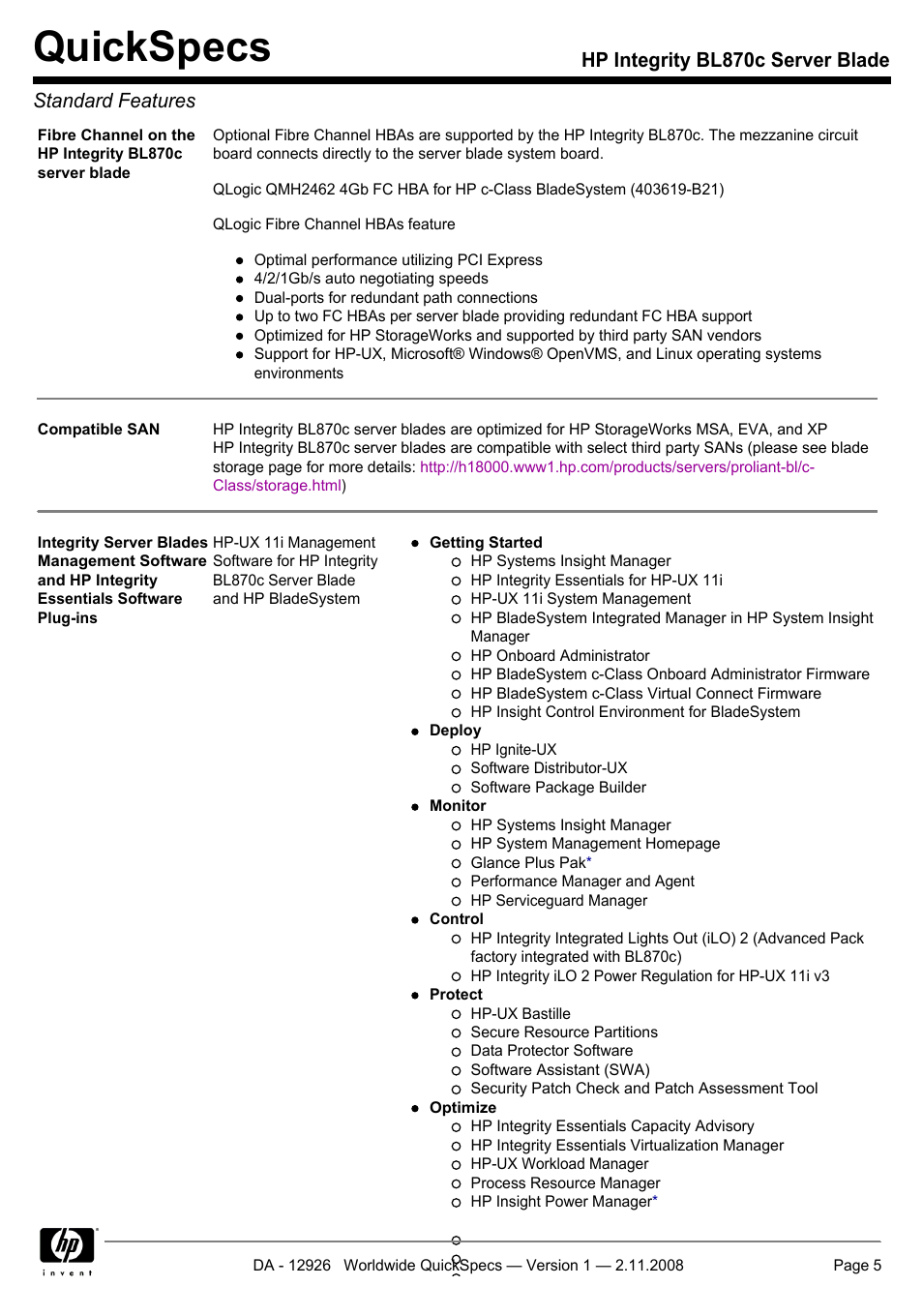 Quickspecs, Hp integrity bl870c server blade standard features | HP Integrity BL870c User Manual | Page 5 / 27