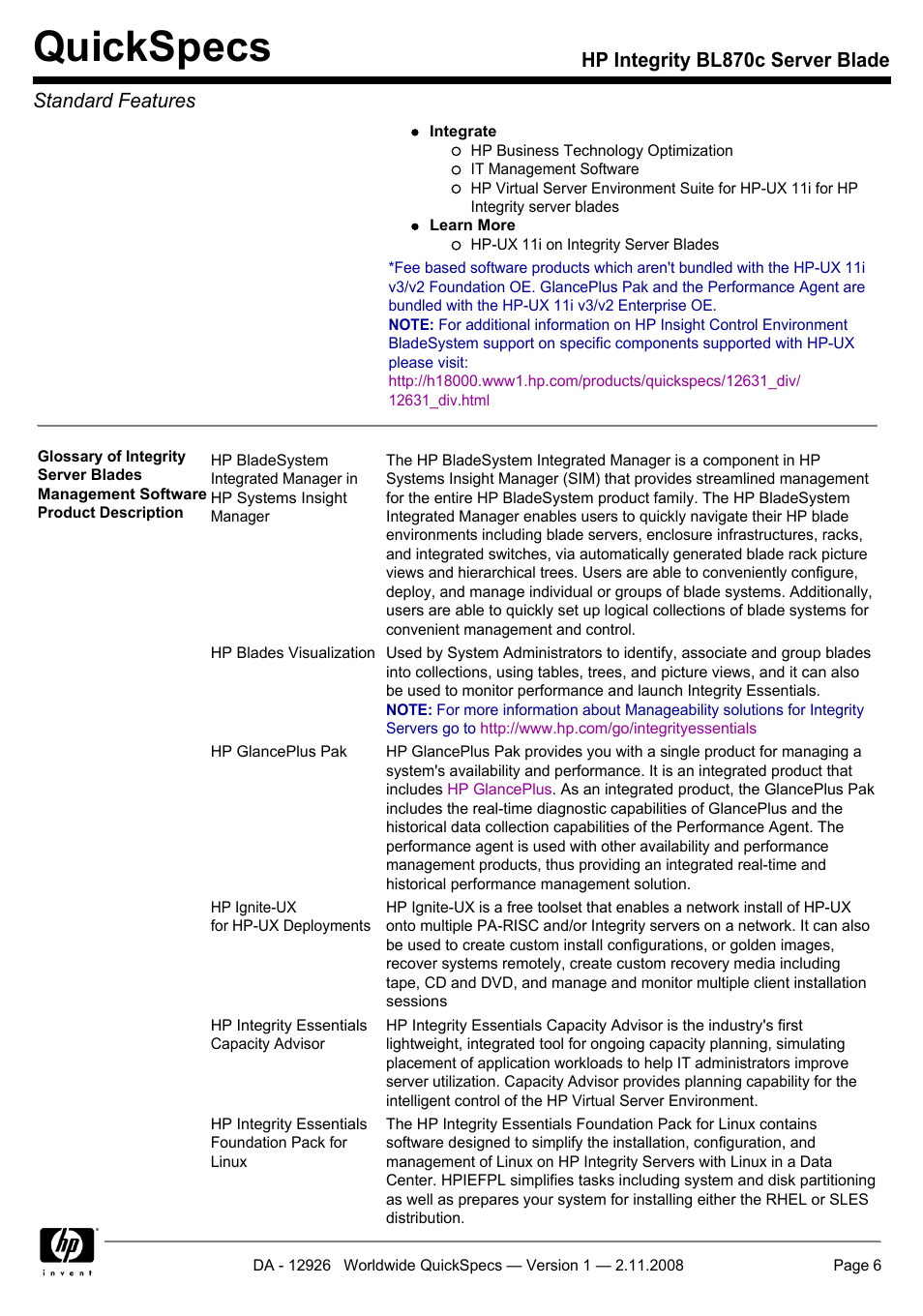 Quickspecs, Hp integrity bl870c server blade standard features | HP Integrity BL870c User Manual | Page 6 / 27