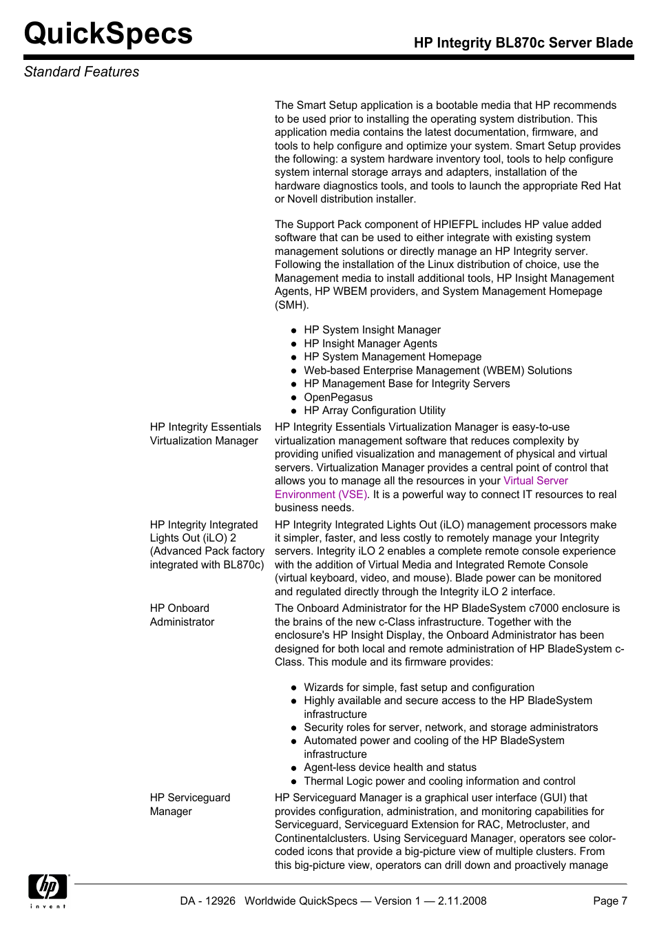 Quickspecs | HP Integrity BL870c User Manual | Page 7 / 27