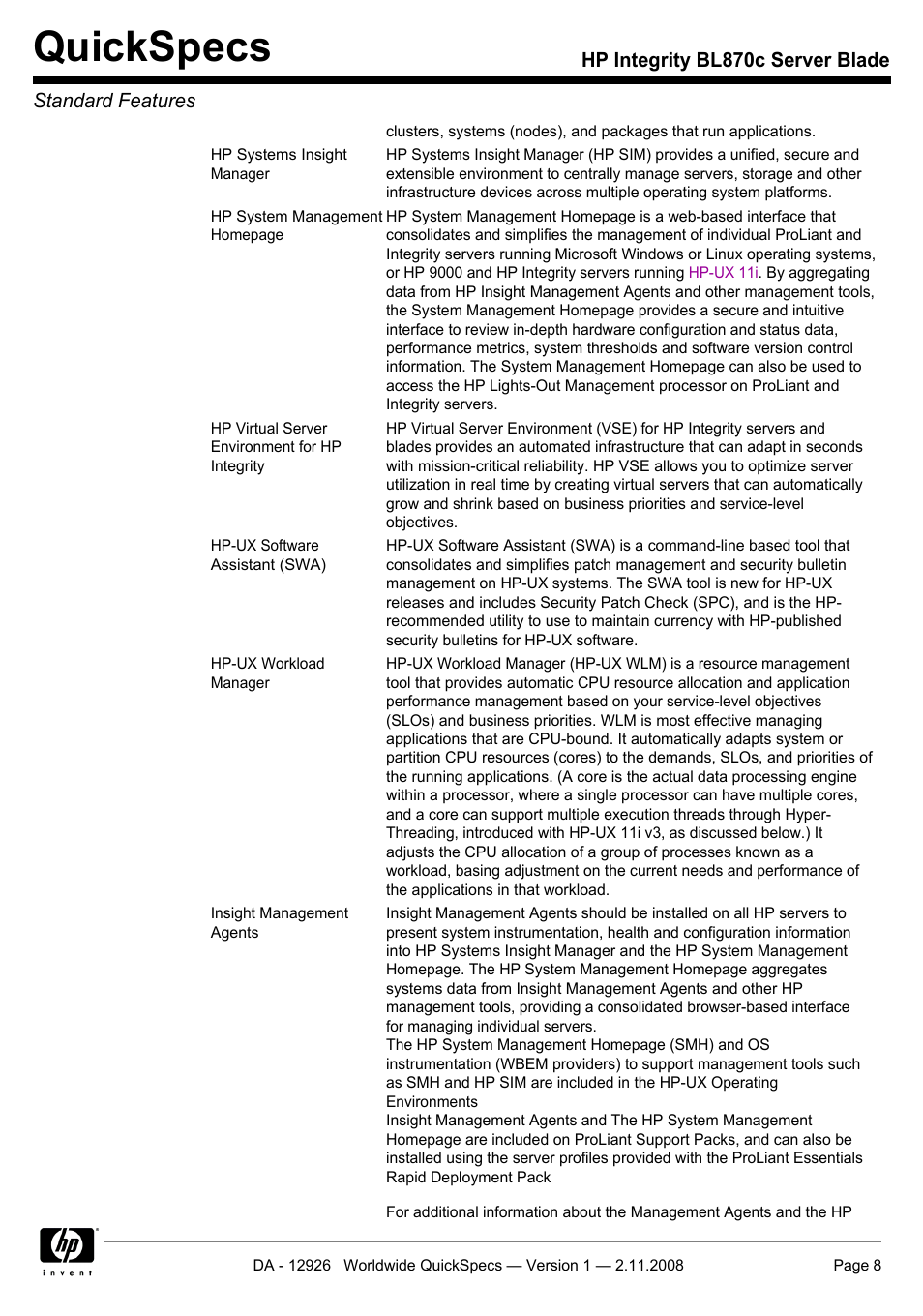 Quickspecs | HP Integrity BL870c User Manual | Page 8 / 27
