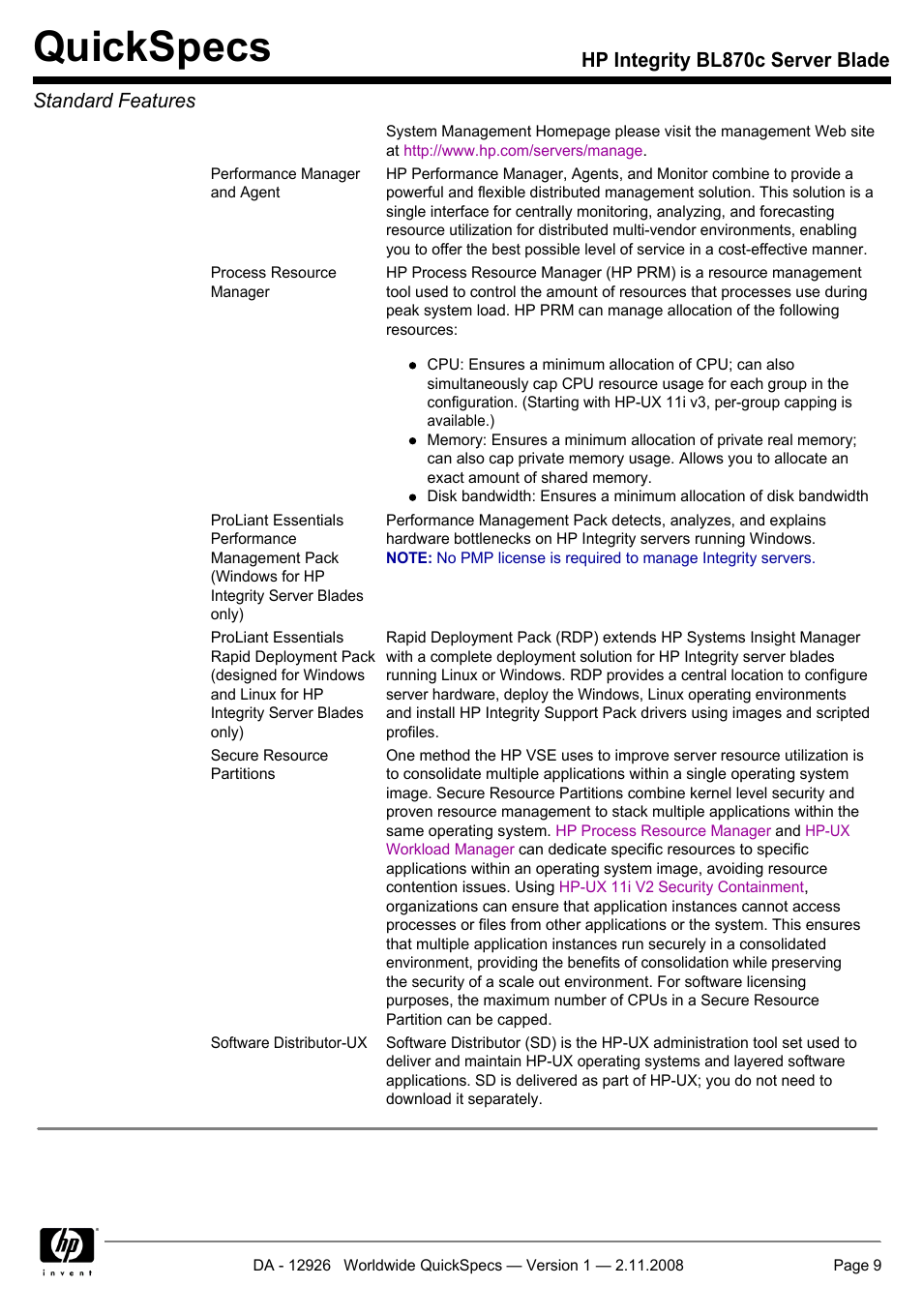 Quickspecs, Hp integrity bl870c server blade standard features | HP Integrity BL870c User Manual | Page 9 / 27