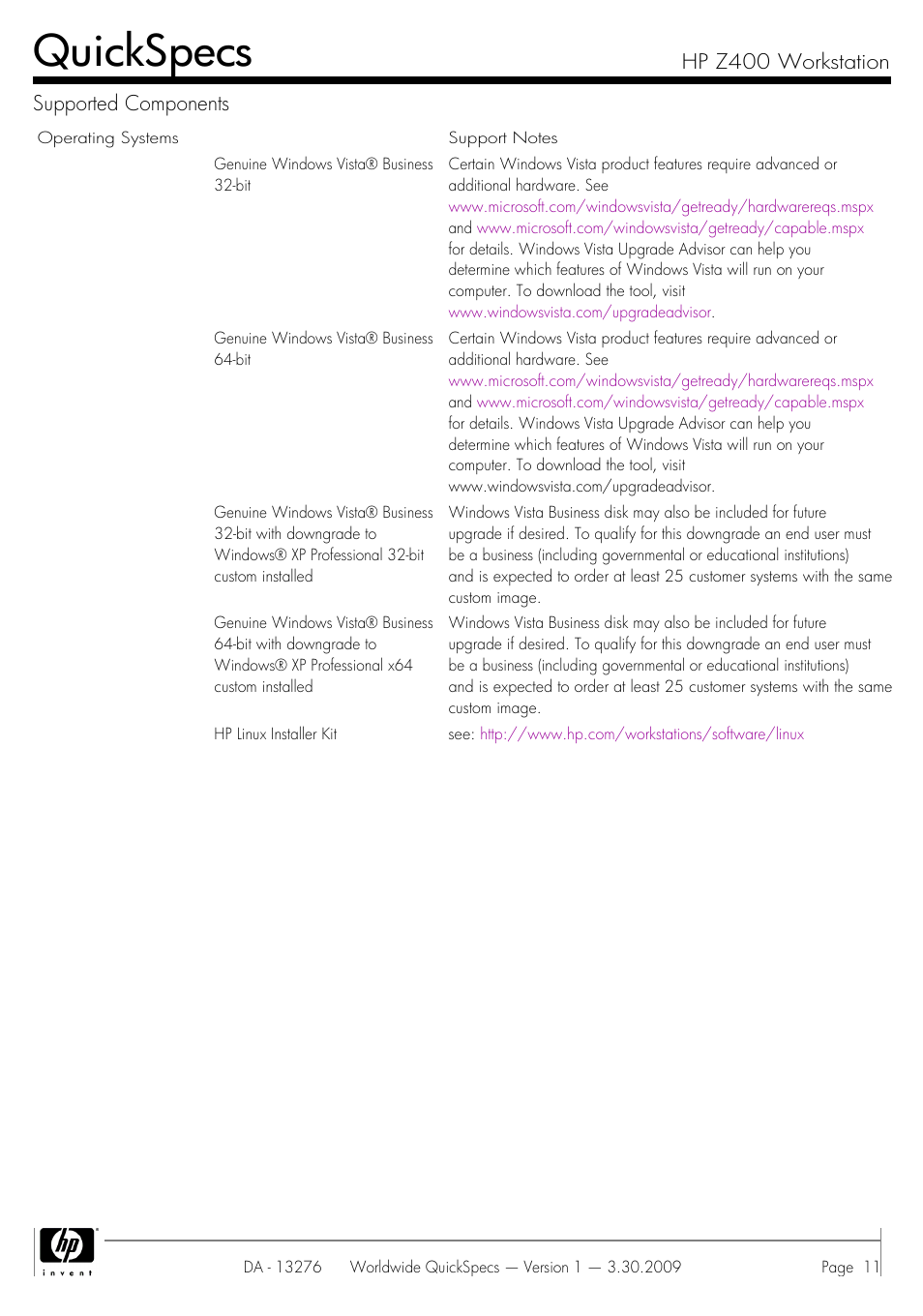 Quickspecs, Hp z400 workstation supported components | HP Z400 User Manual | Page 11 / 54