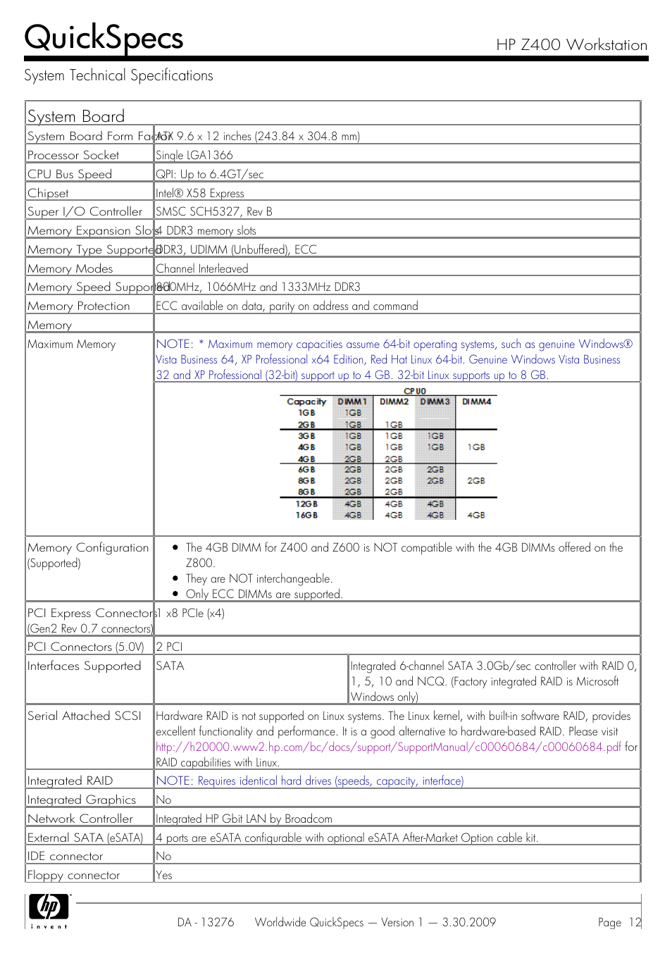 System technical specifications, Quickspecs, System board | HP Z400 User Manual | Page 12 / 54