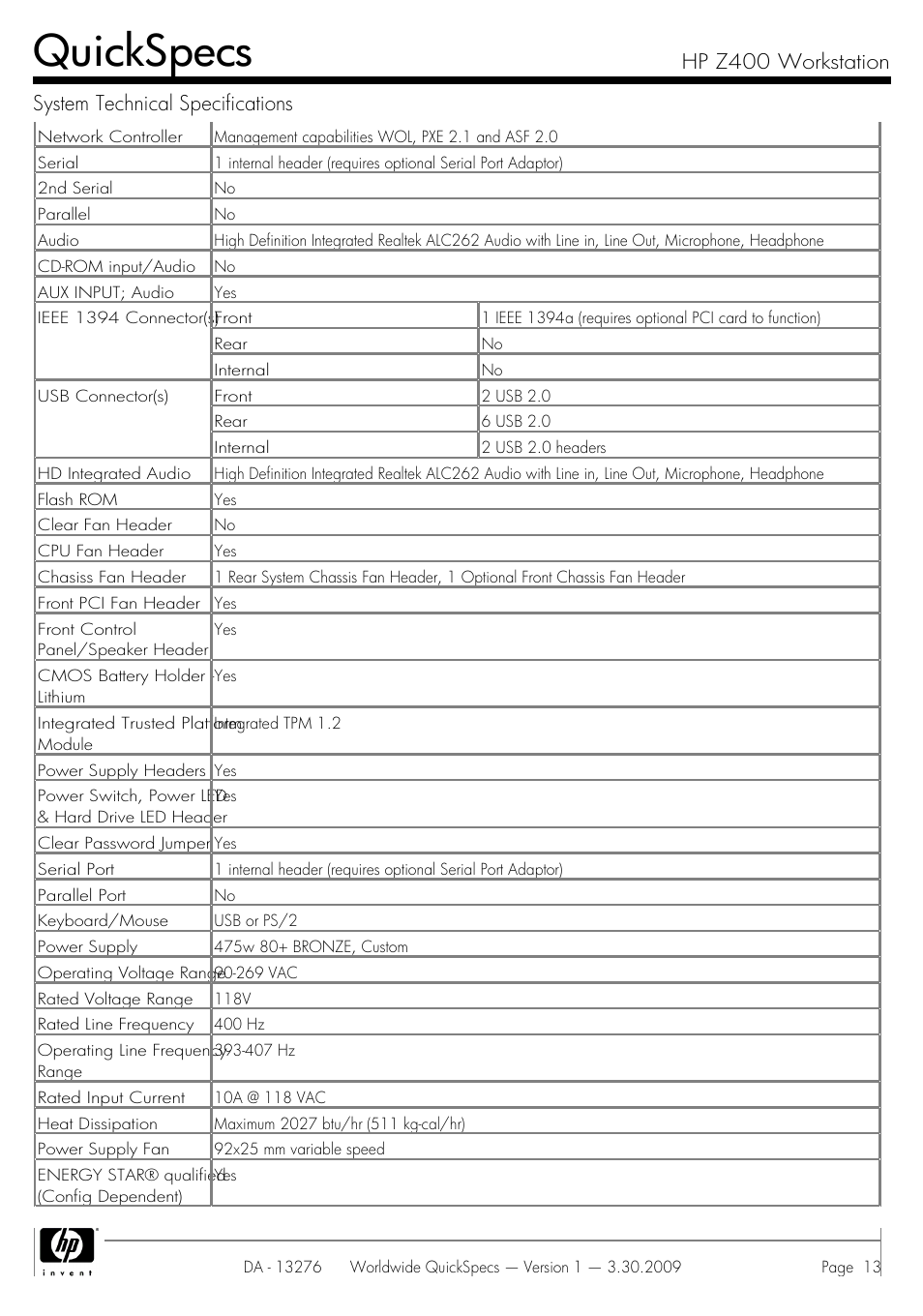 Quickspecs | HP Z400 User Manual | Page 13 / 54