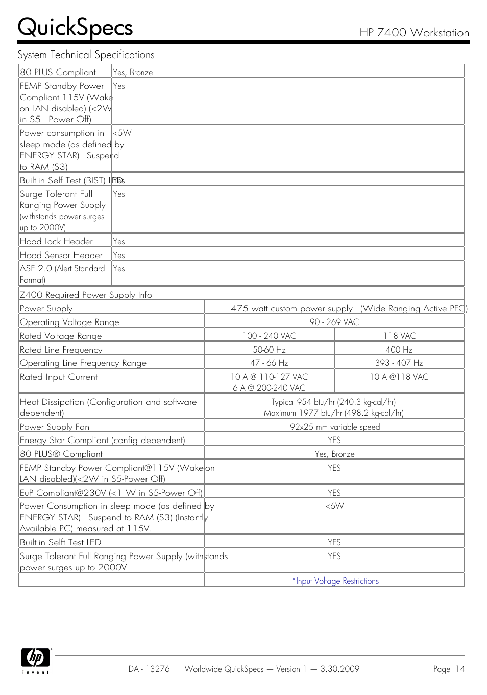 Quickspecs | HP Z400 User Manual | Page 14 / 54