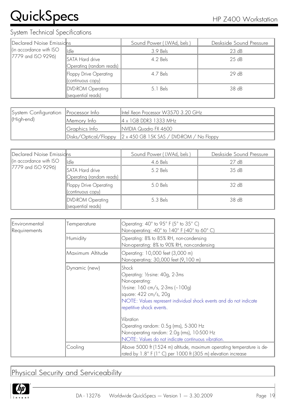Quickspecs, Physical security and serviceability | HP Z400 User Manual | Page 19 / 54