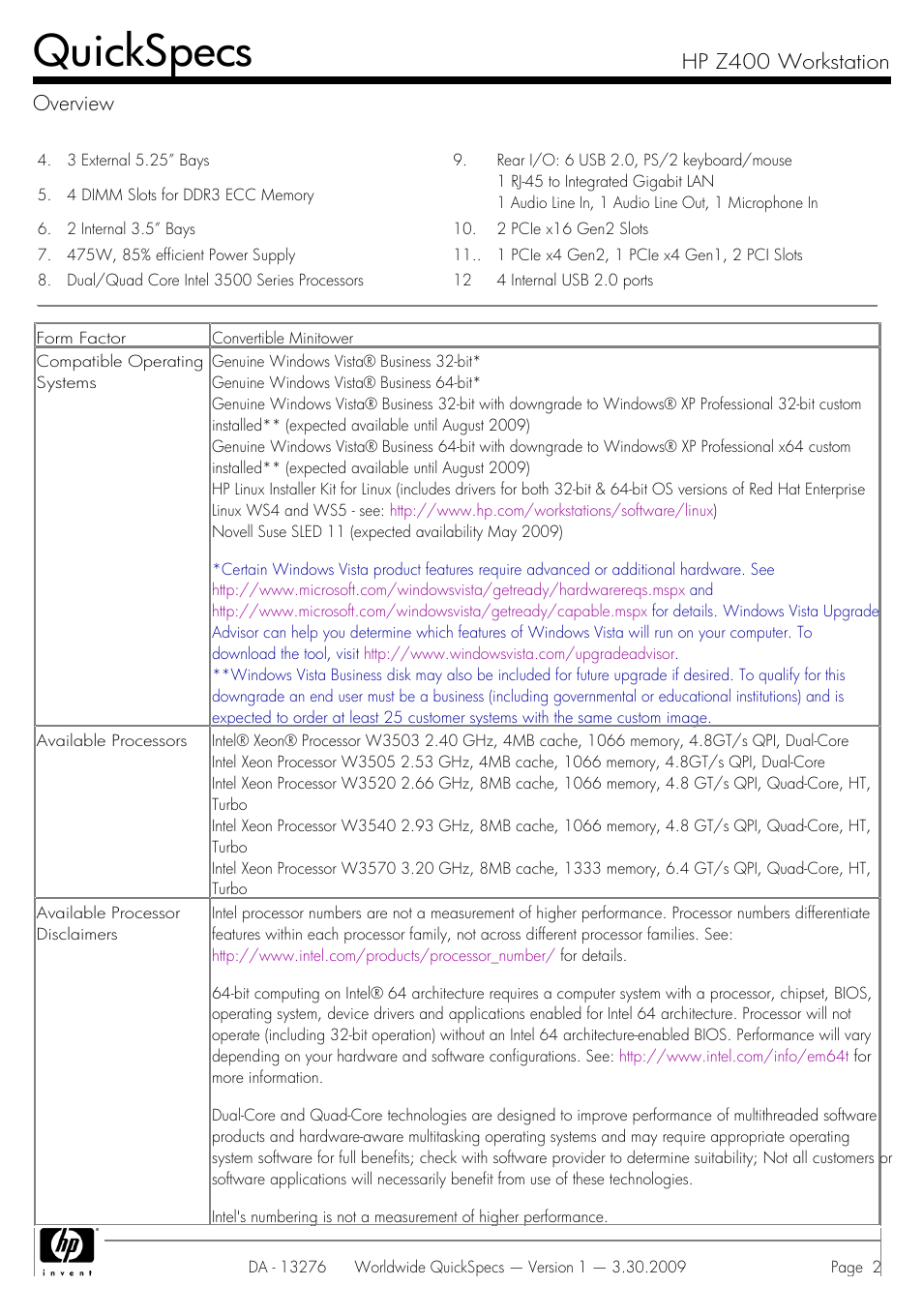 Quickspecs, Hp z400 workstation overview | HP Z400 User Manual | Page 2 / 54