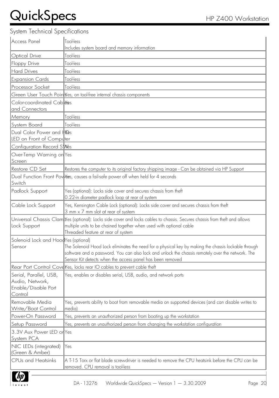 Quickspecs | HP Z400 User Manual | Page 20 / 54