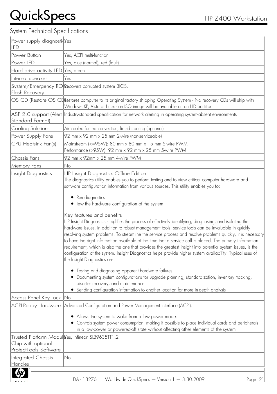 Quickspecs | HP Z400 User Manual | Page 21 / 54