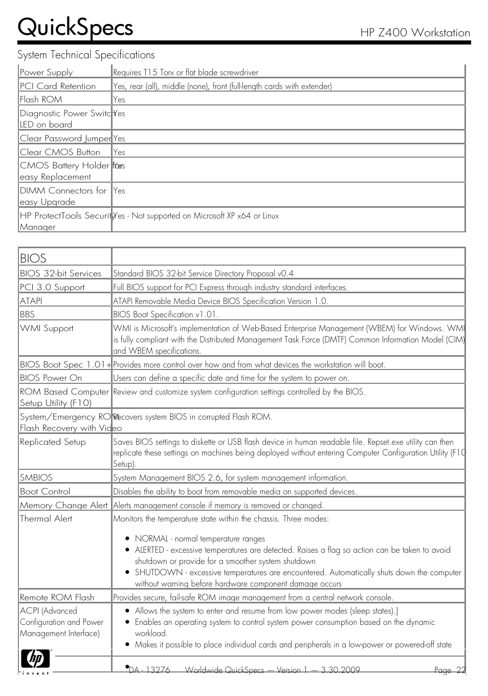 Quickspecs, Bios | HP Z400 User Manual | Page 22 / 54
