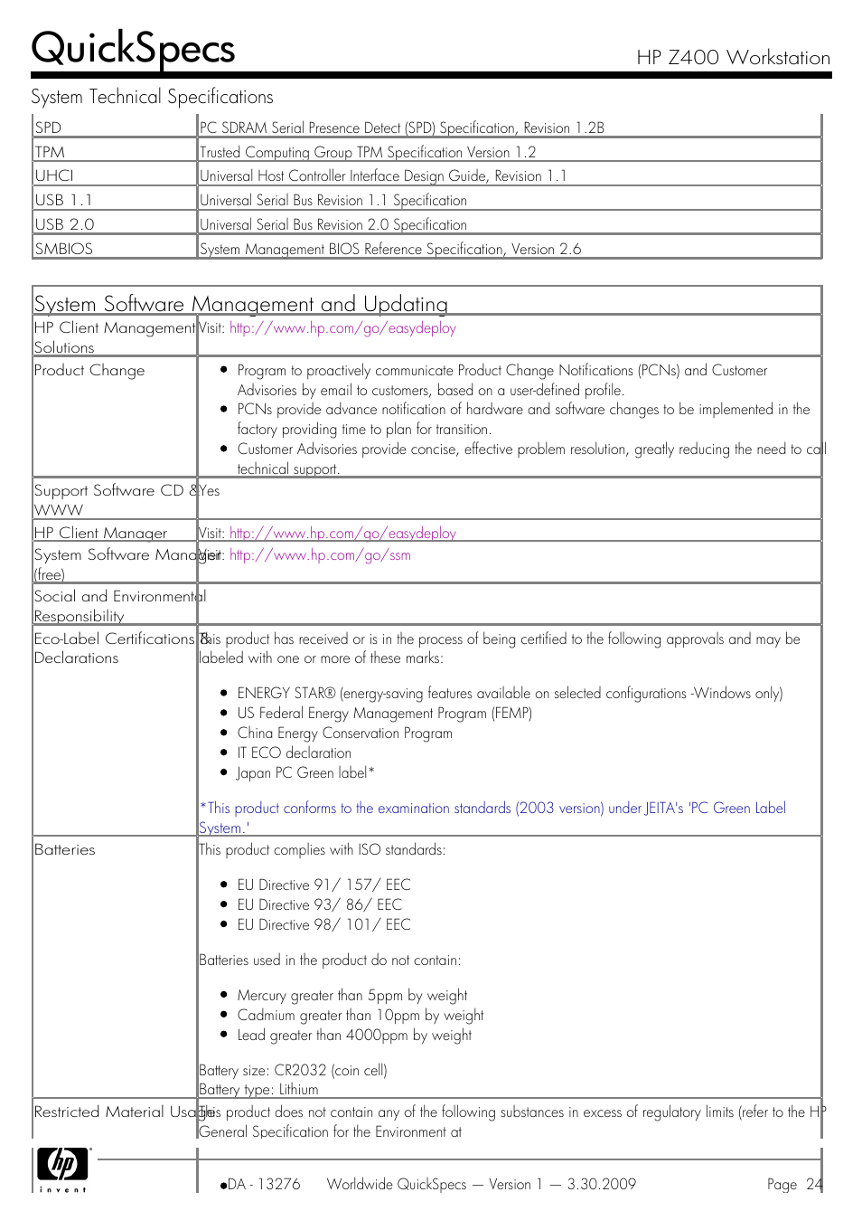 Quickspecs, System software management and updating | HP Z400 User Manual | Page 24 / 54