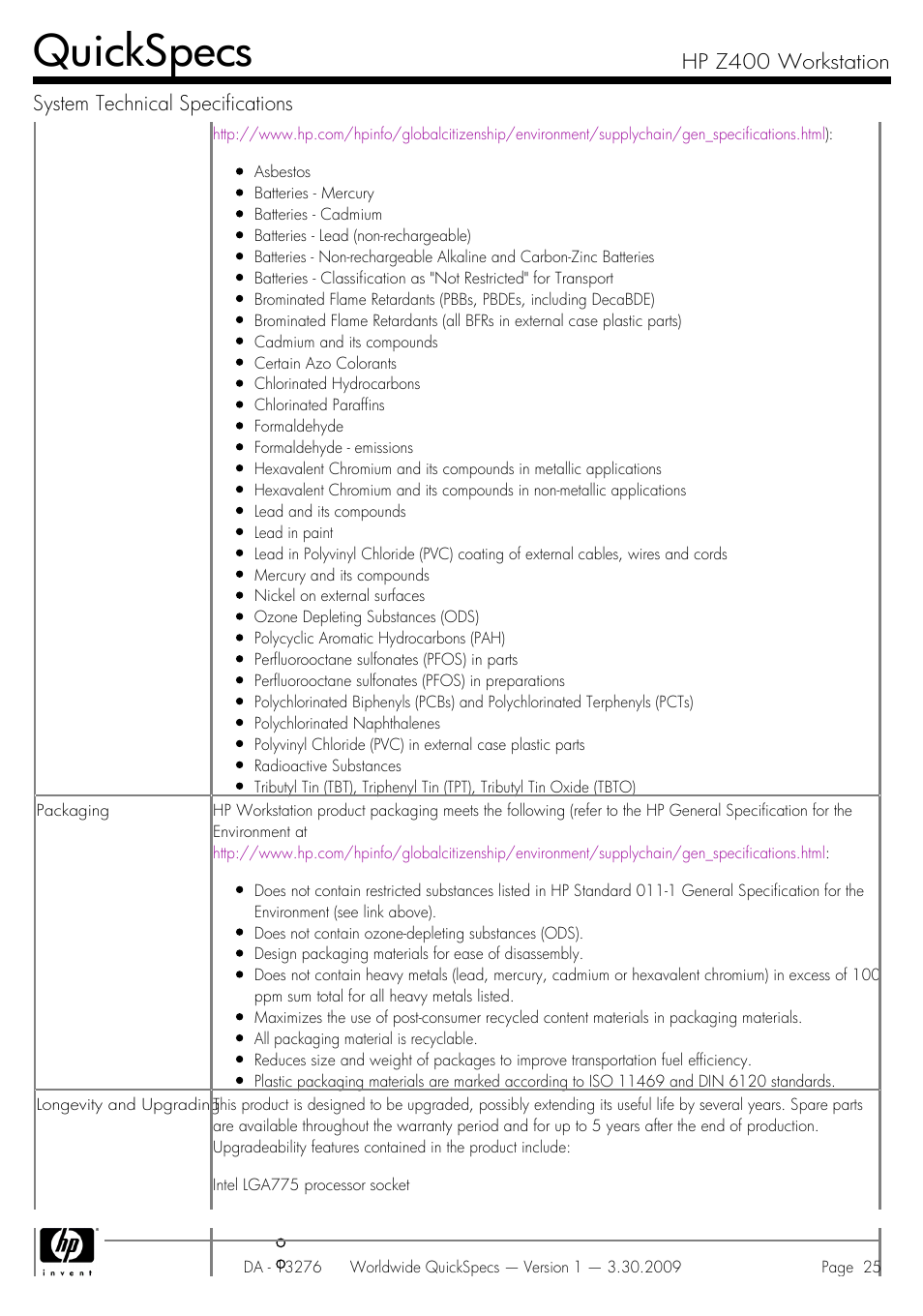 Quickspecs | HP Z400 User Manual | Page 25 / 54