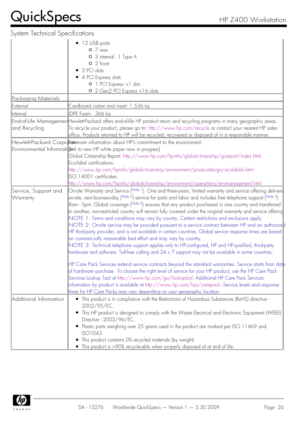 Quickspecs | HP Z400 User Manual | Page 26 / 54