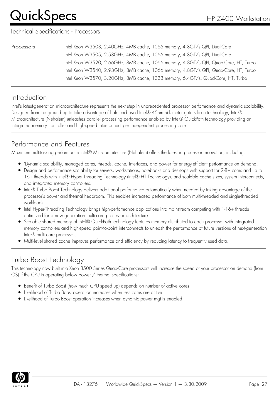 Technical specifications - processors, Quickspecs | HP Z400 User Manual | Page 27 / 54