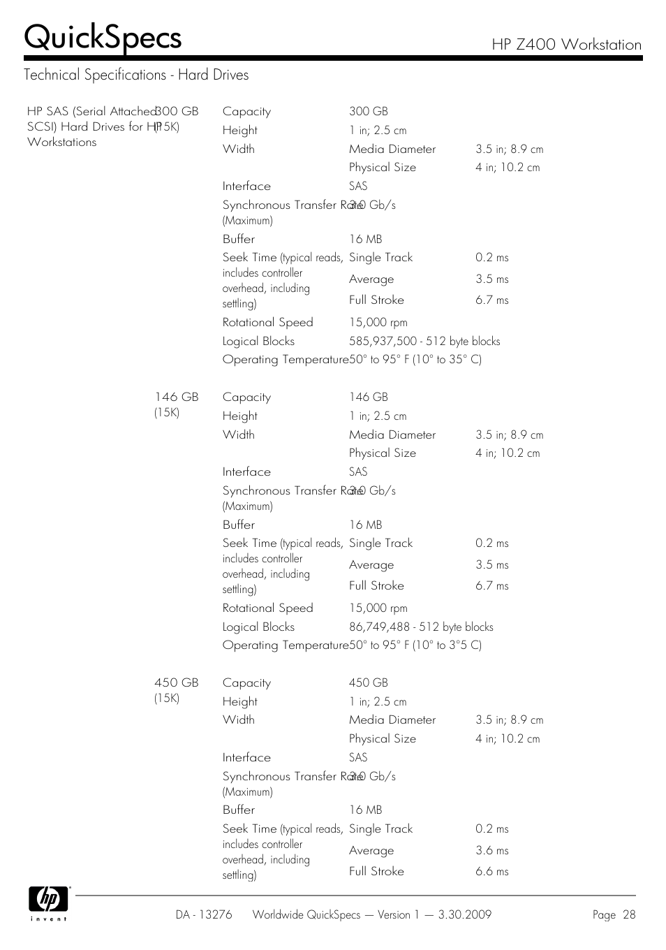 Technical specifications - hard drives, Quickspecs | HP Z400 User Manual | Page 28 / 54