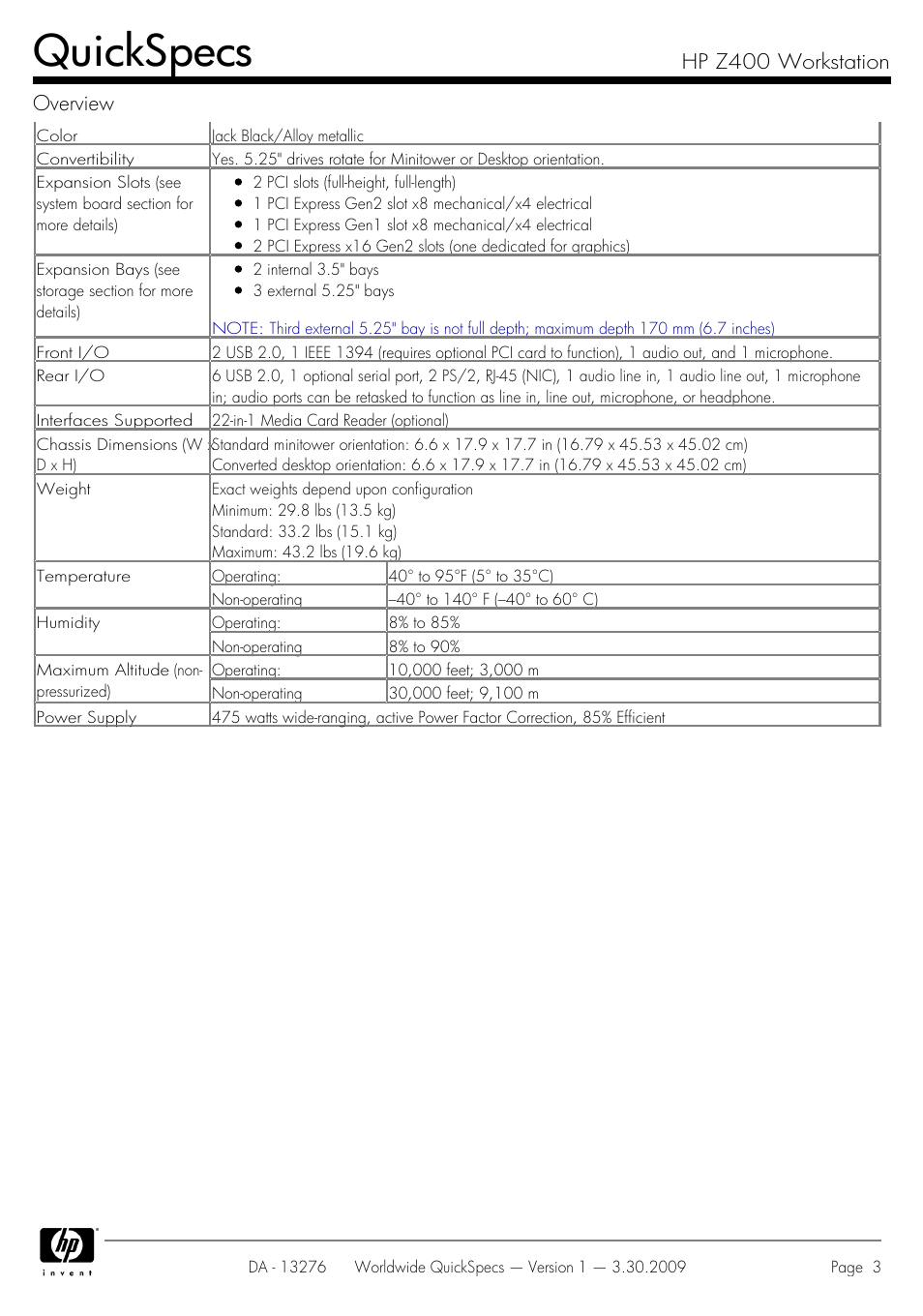 Quickspecs, Hp z400 workstation overview | HP Z400 User Manual | Page 3 / 54