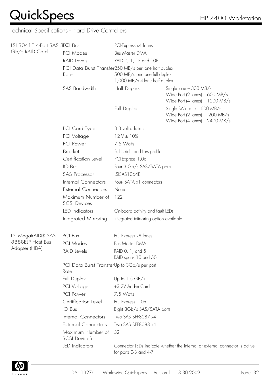 Technical specifications - hard drive controllers, Quickspecs | HP Z400 User Manual | Page 32 / 54