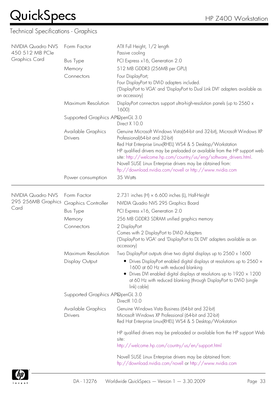Technical specifications - graphics, Quickspecs | HP Z400 User Manual | Page 33 / 54