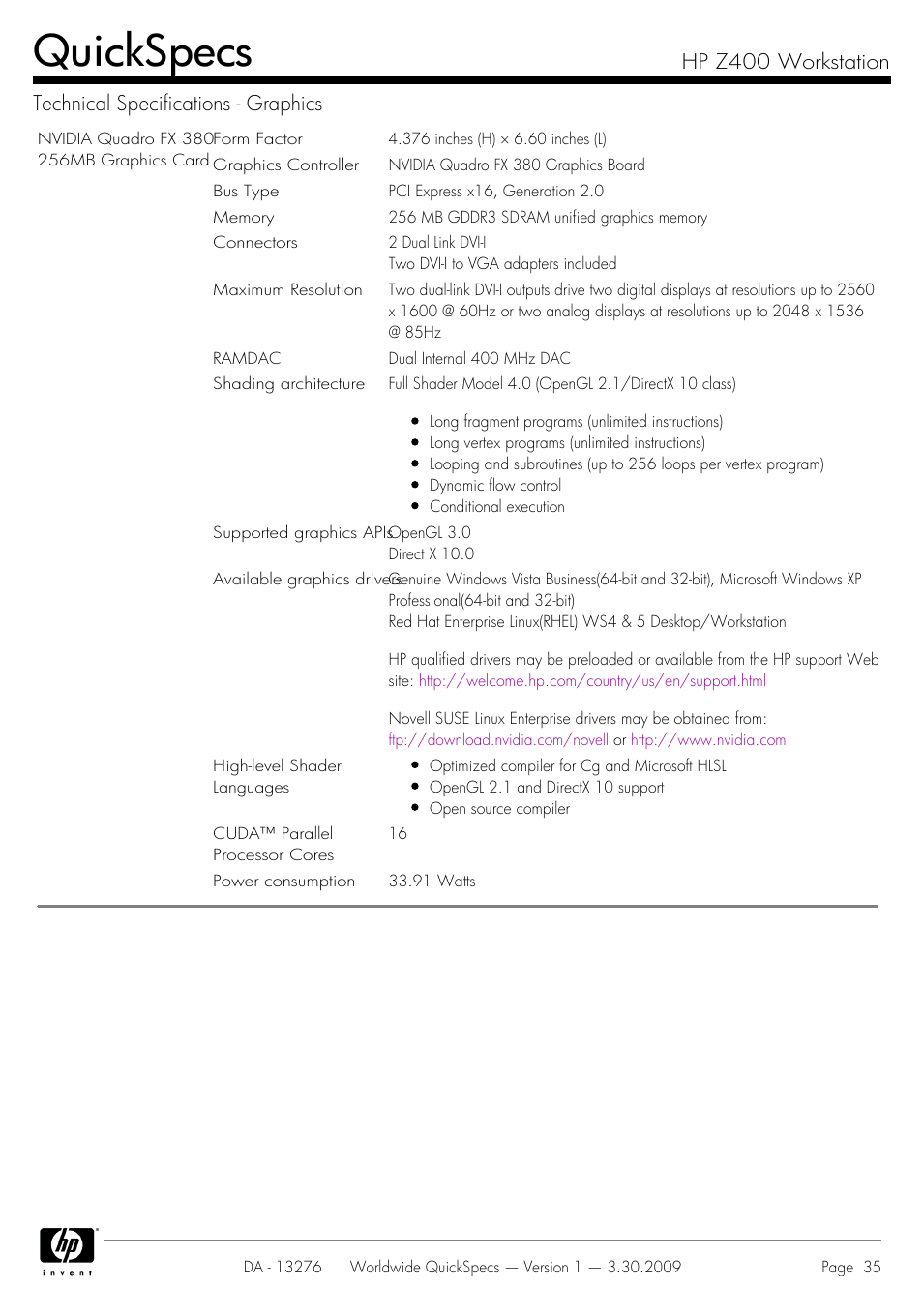 Quickspecs | HP Z400 User Manual | Page 35 / 54