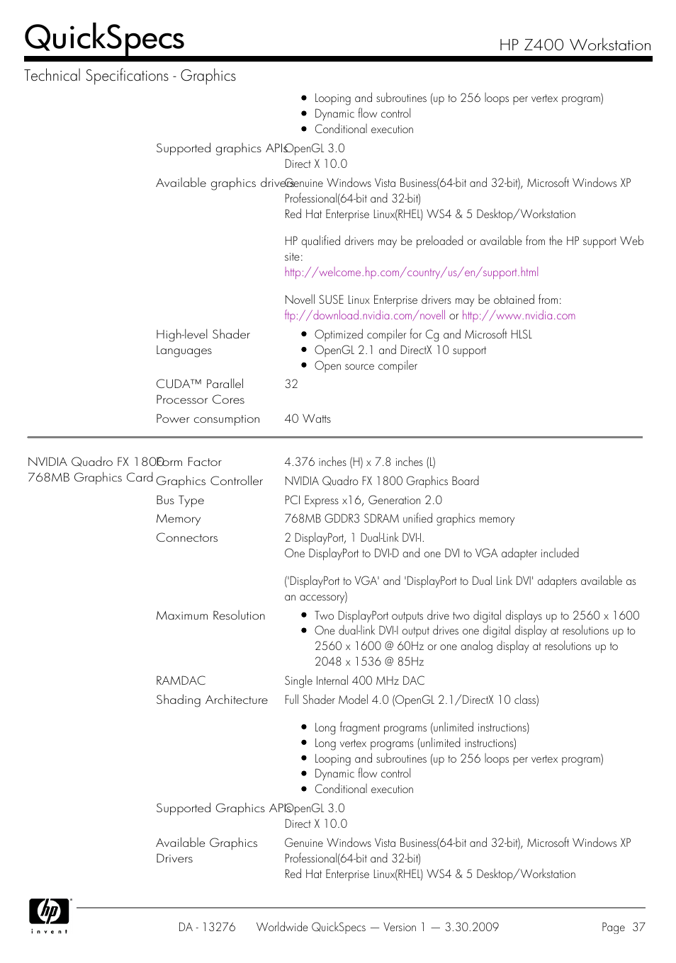 Quickspecs | HP Z400 User Manual | Page 37 / 54