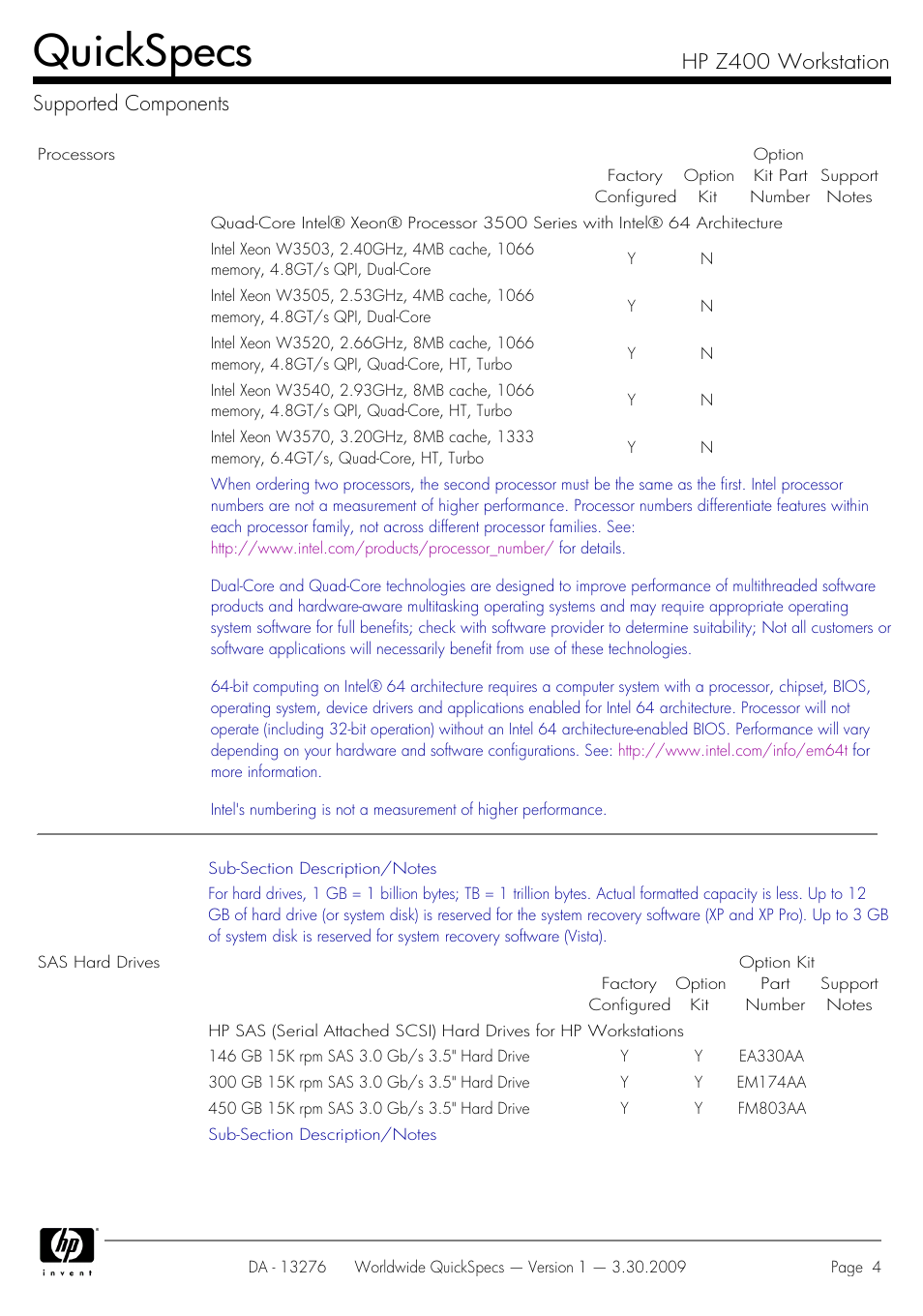 Supported components, Quickspecs, Hp z400 workstation supported components | HP Z400 User Manual | Page 4 / 54