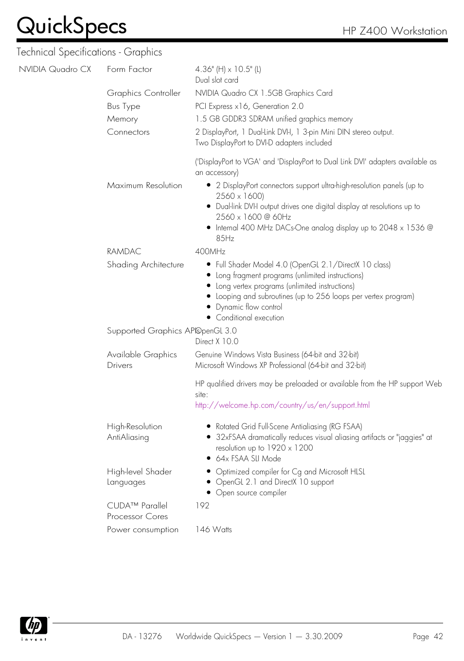 Quickspecs | HP Z400 User Manual | Page 42 / 54