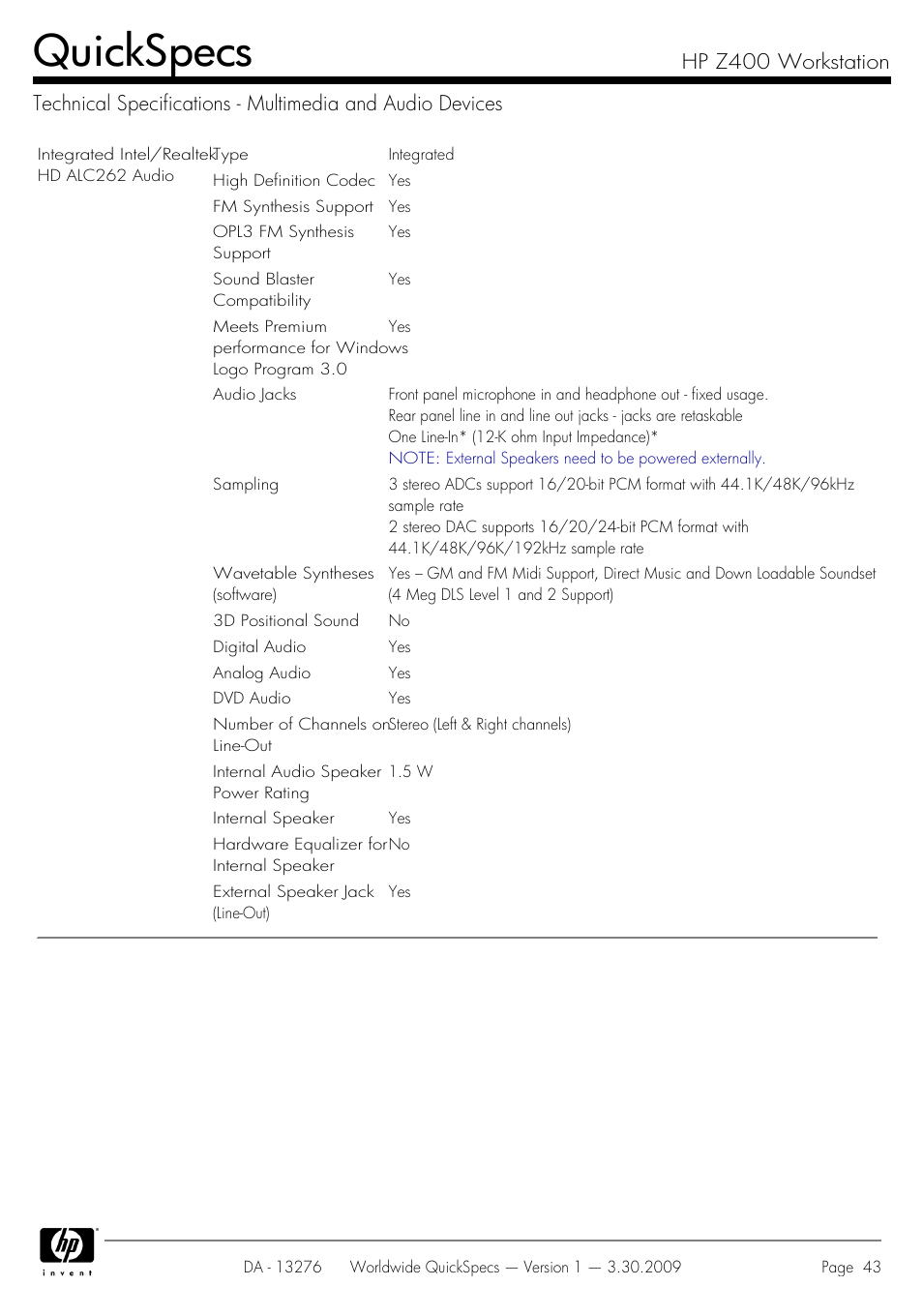 Quickspecs | HP Z400 User Manual | Page 43 / 54