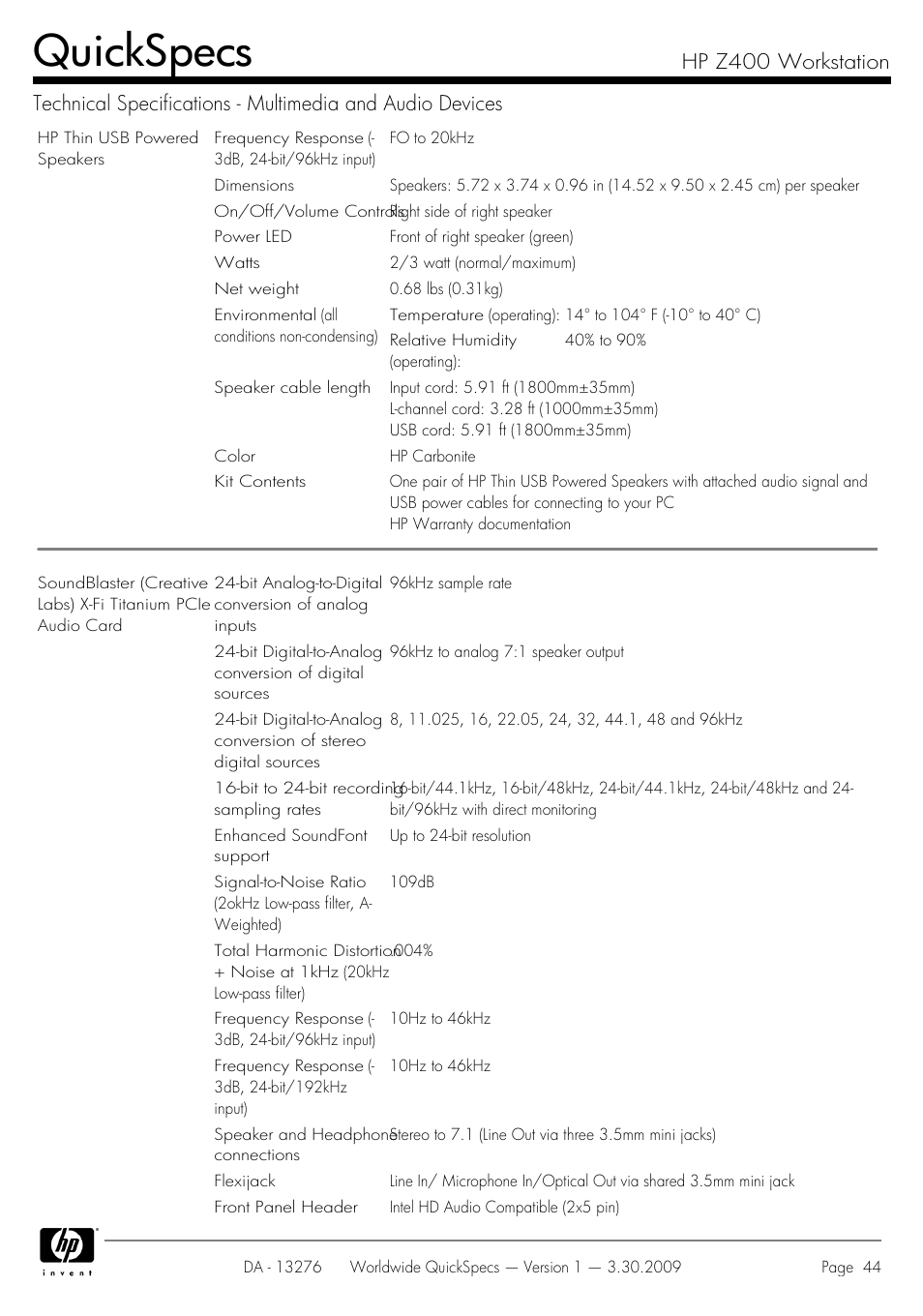 Quickspecs | HP Z400 User Manual | Page 44 / 54