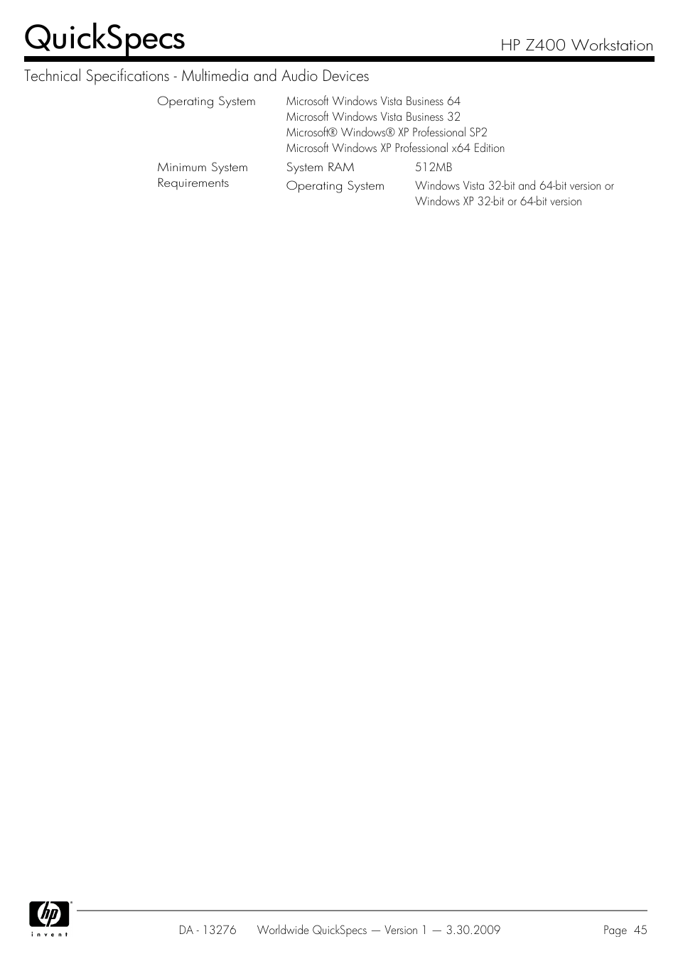Quickspecs | HP Z400 User Manual | Page 45 / 54