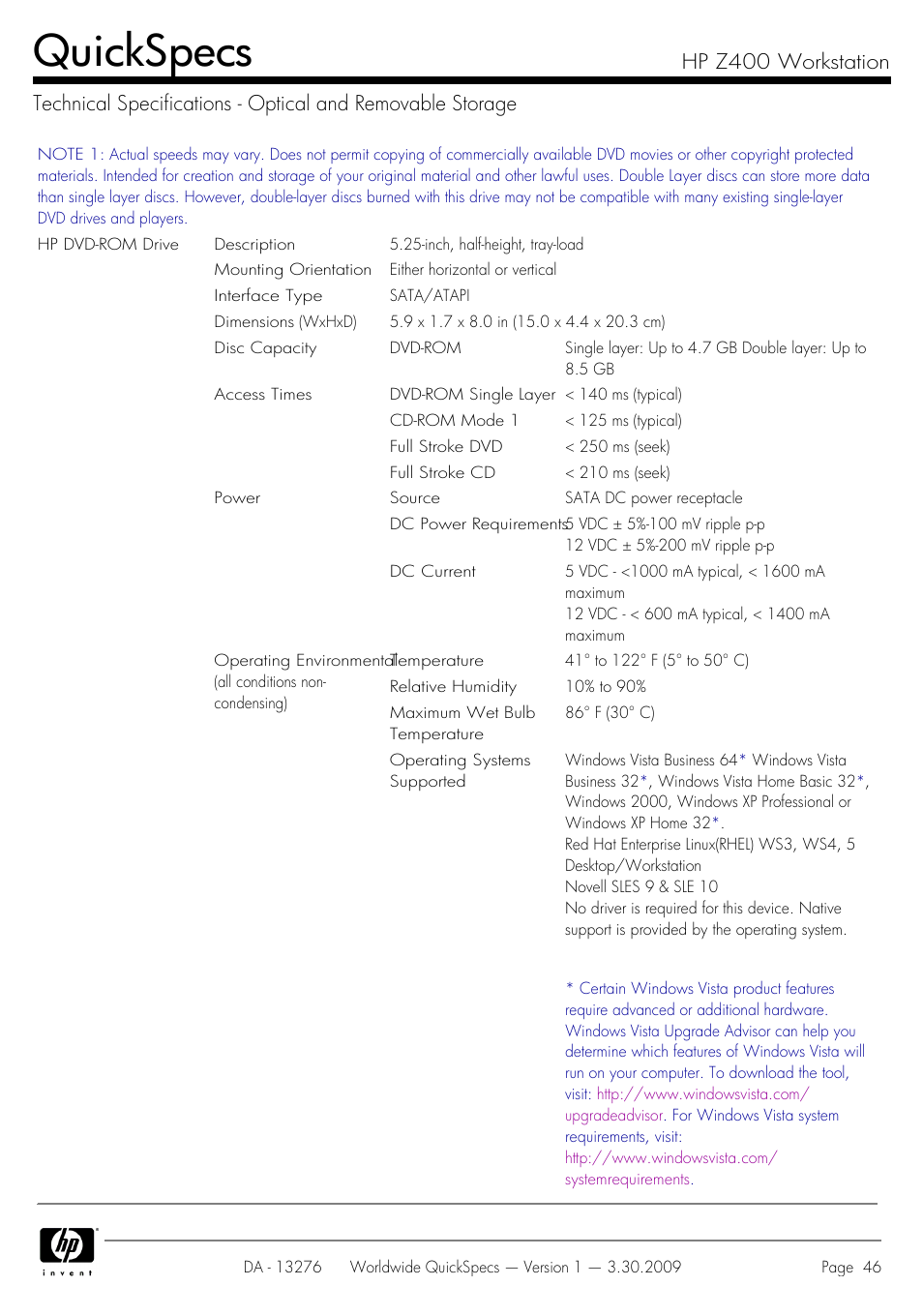 Quickspecs | HP Z400 User Manual | Page 46 / 54