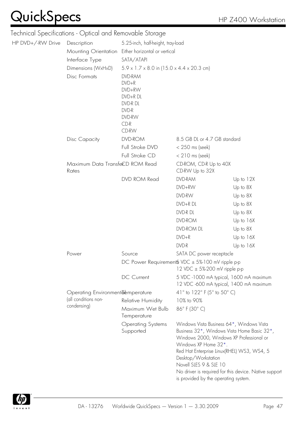 Quickspecs | HP Z400 User Manual | Page 47 / 54
