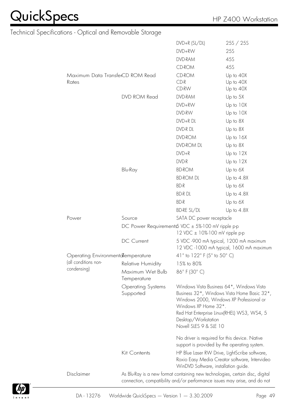 Quickspecs | HP Z400 User Manual | Page 49 / 54