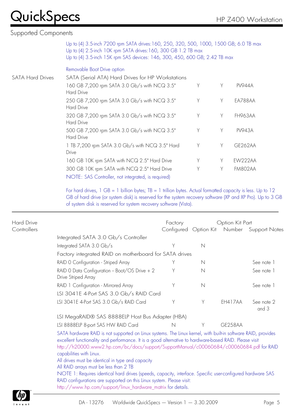 Quickspecs, Hp z400 workstation supported components | HP Z400 User Manual | Page 5 / 54