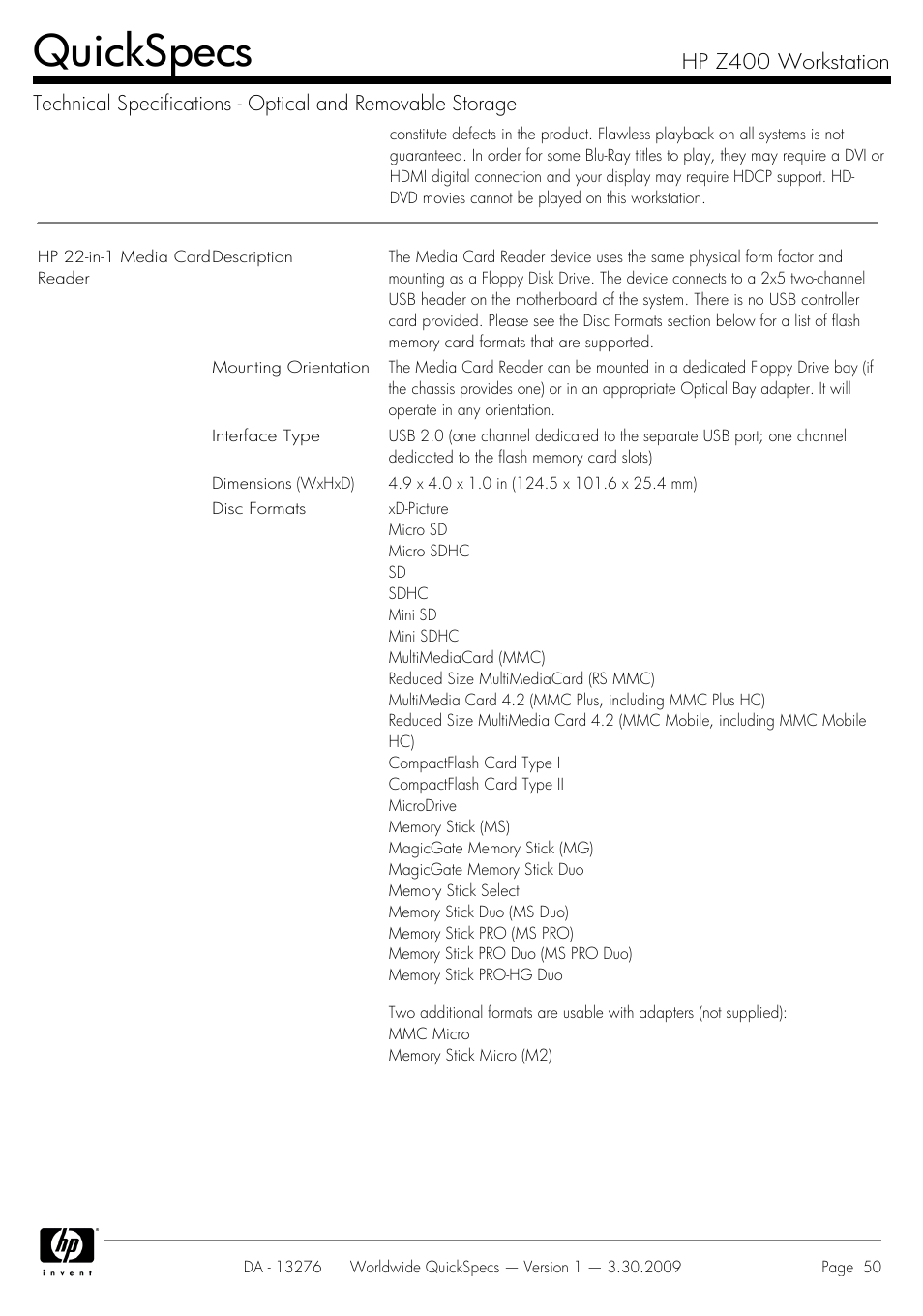 Quickspecs | HP Z400 User Manual | Page 50 / 54