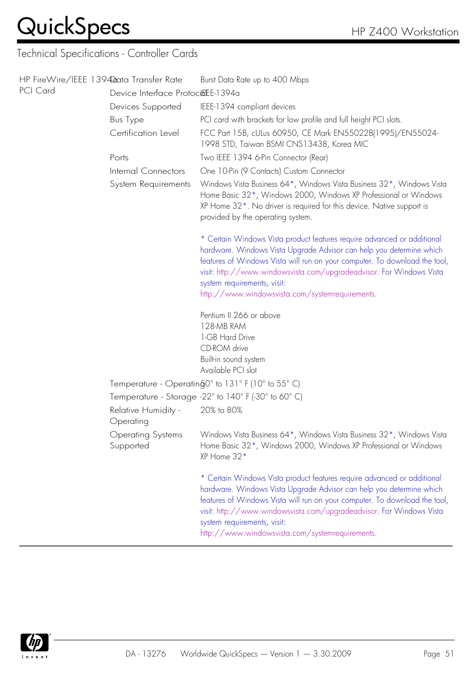 Technical specifications - controller cards, Quickspecs | HP Z400 User Manual | Page 51 / 54