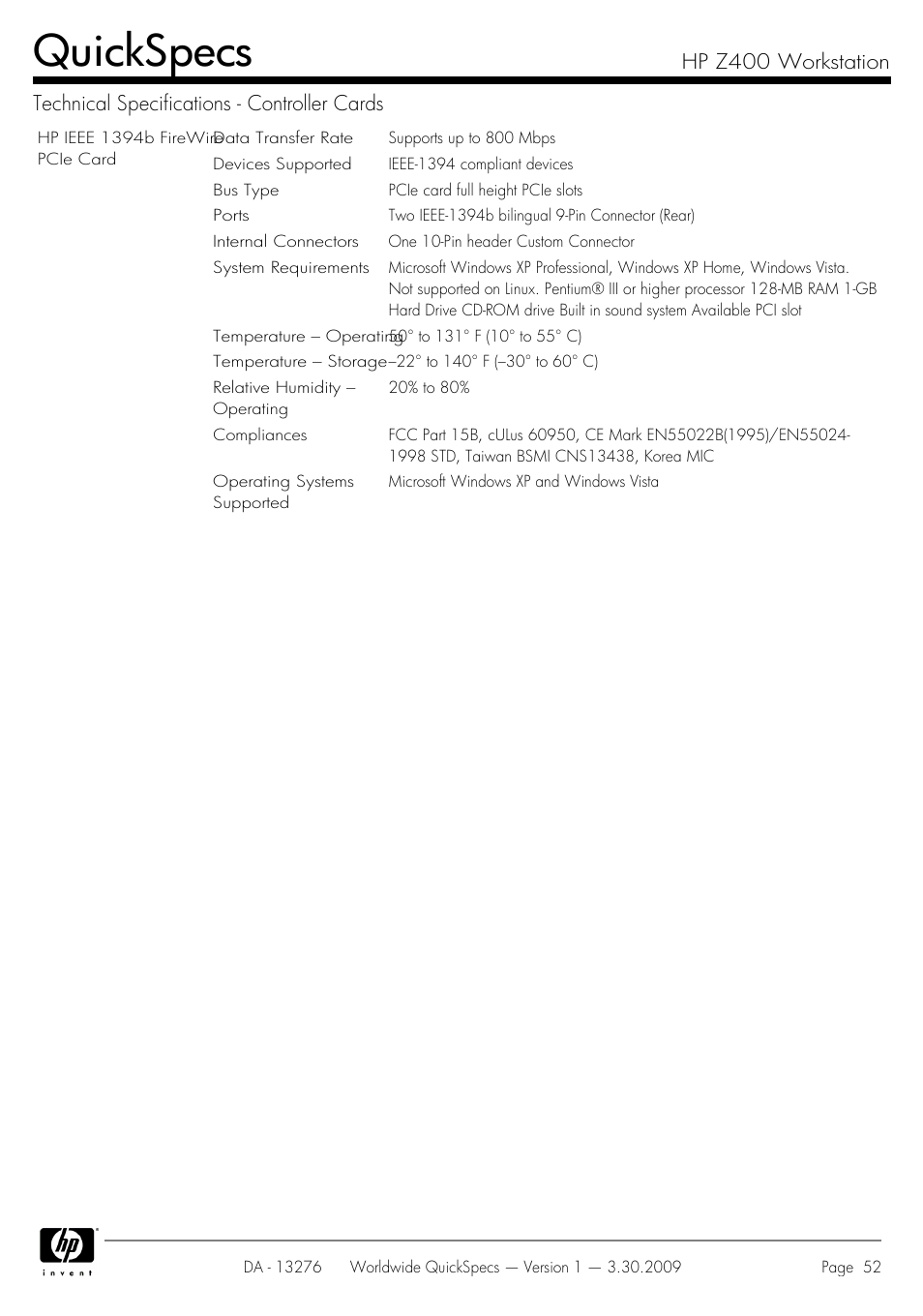 Quickspecs | HP Z400 User Manual | Page 52 / 54