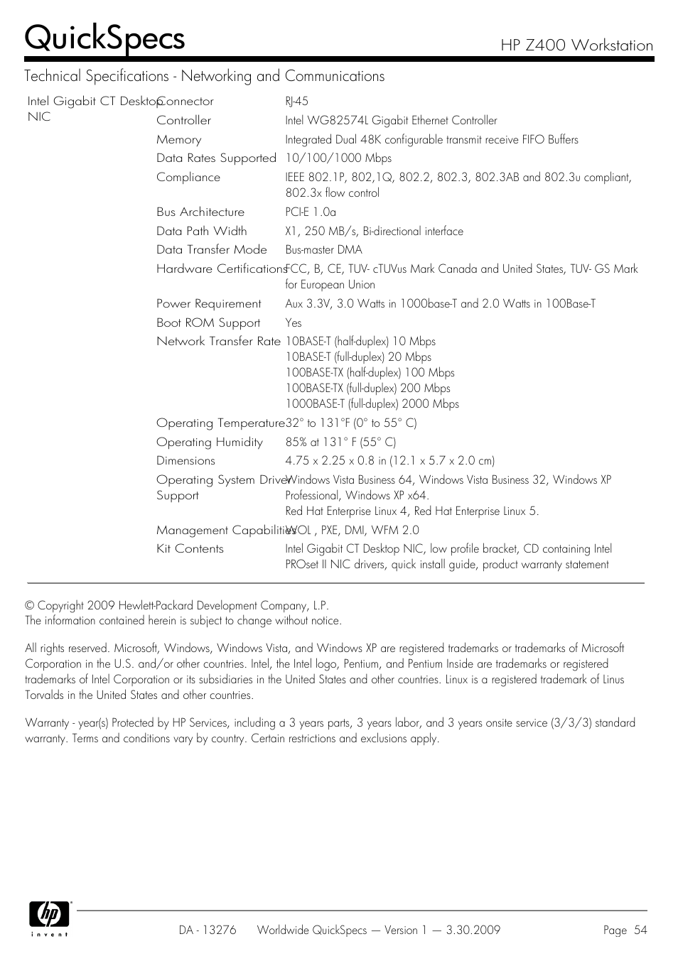 Quickspecs | HP Z400 User Manual | Page 54 / 54