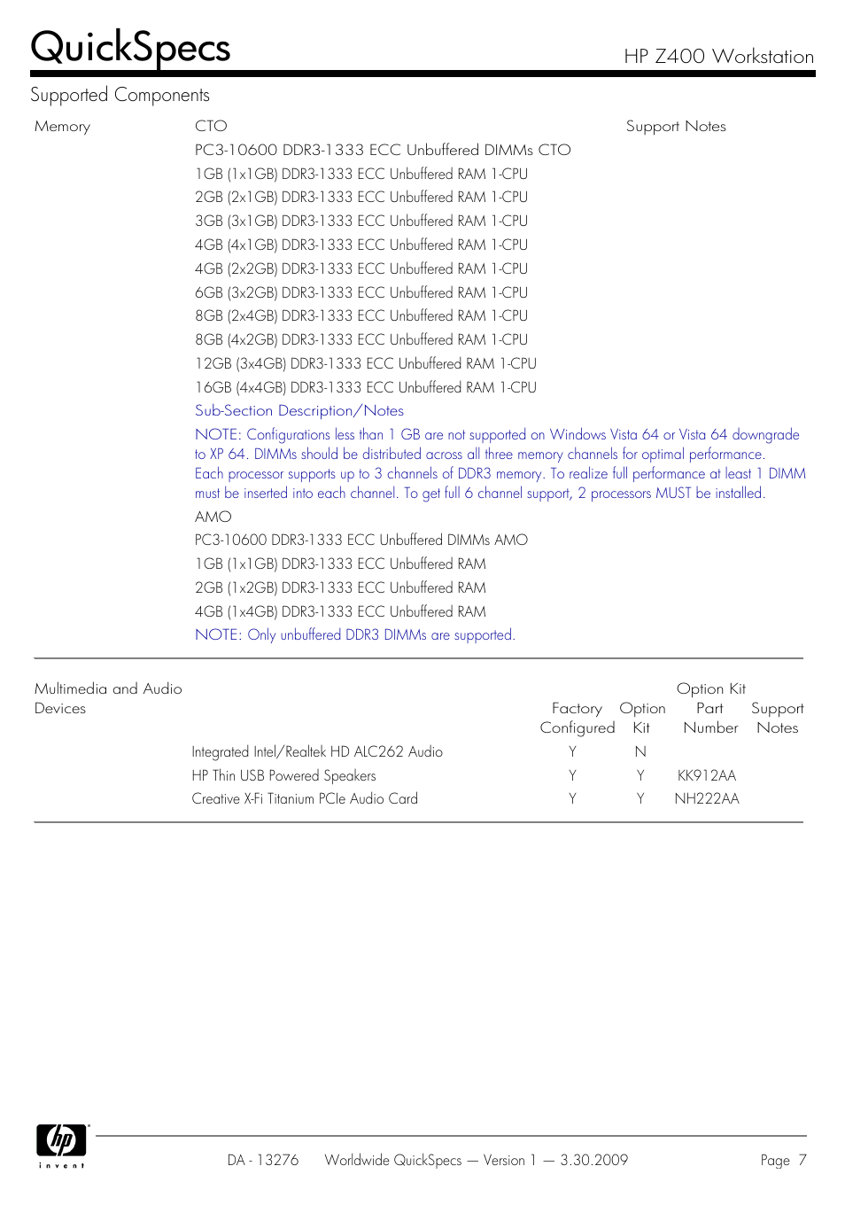 Quickspecs, Hp z400 workstation supported components | HP Z400 User Manual | Page 7 / 54