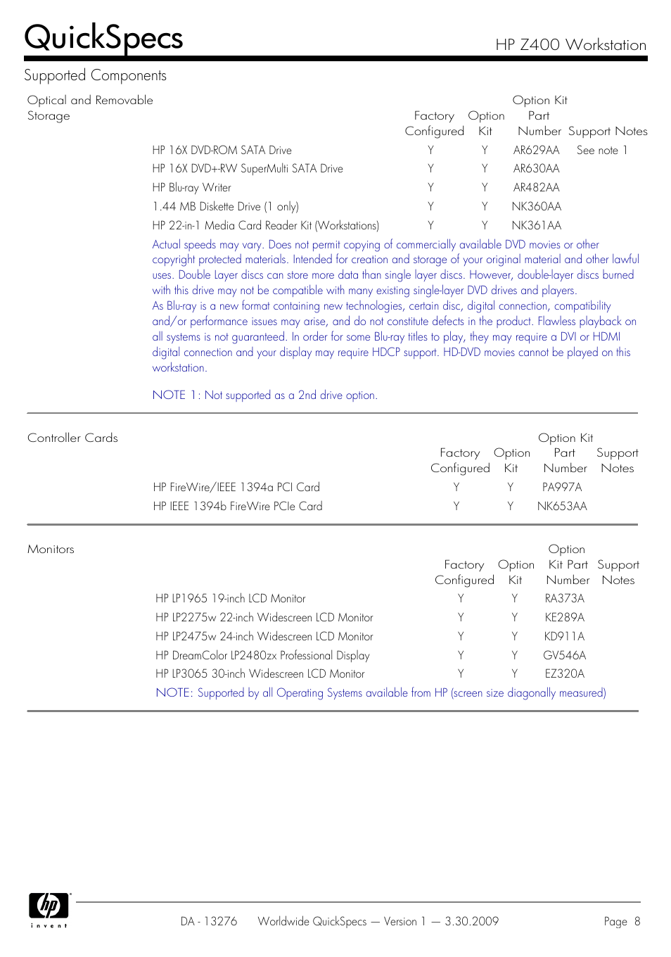 Quickspecs, Hp z400 workstation supported components | HP Z400 User Manual | Page 8 / 54