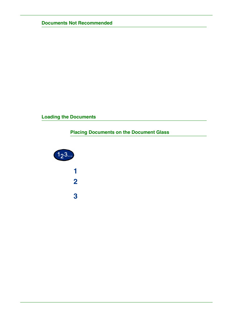 Documents not recommended, Loading the documents, Placing documents on the document glass | Documents not recommended 1–84, Loading the documents 1–84 | HP 3535 User Manual | Page 102 / 268