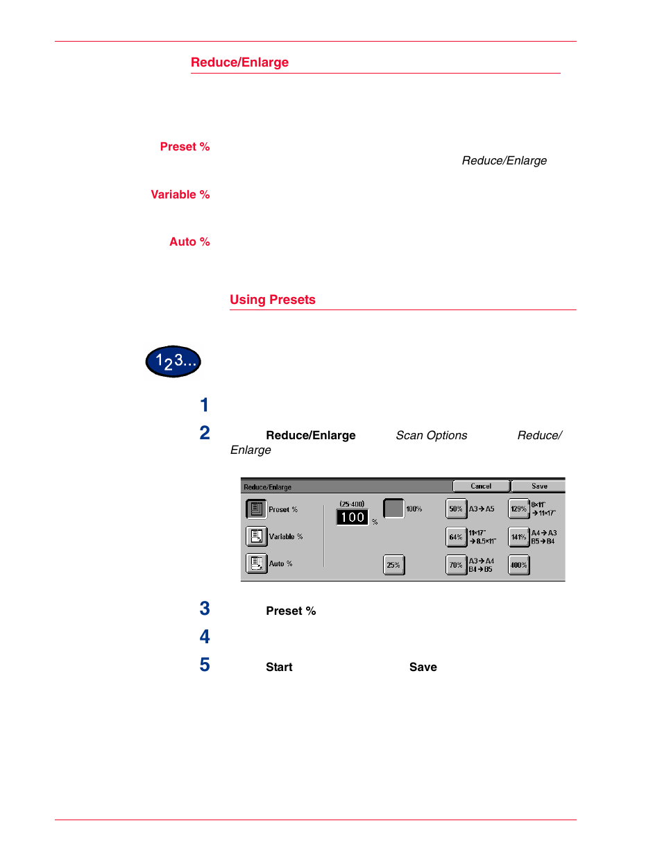 Reduce/enlarge, Using presets | HP 3535 User Manual | Page 126 / 268