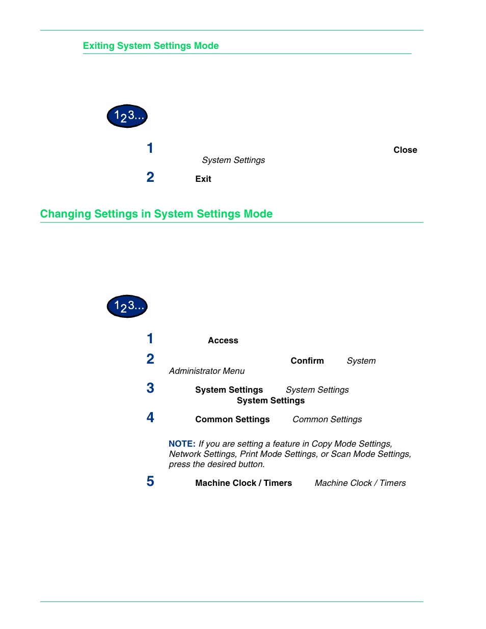 Exiting system settings mode, Changing settings in system settings mode, Exiting system settings mode 4–6 | Changing settings in system settings mode 4–6 | HP 3535 User Manual | Page 144 / 268