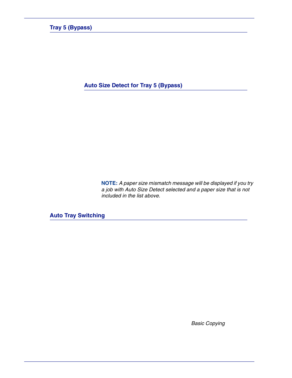 Tray 5 (bypass), Auto size detect for tray 5 (bypass), Auto tray switching | Tray 5 (bypass) 5–3, Auto tray switching 5–3 | HP 3535 User Manual | Page 203 / 268
