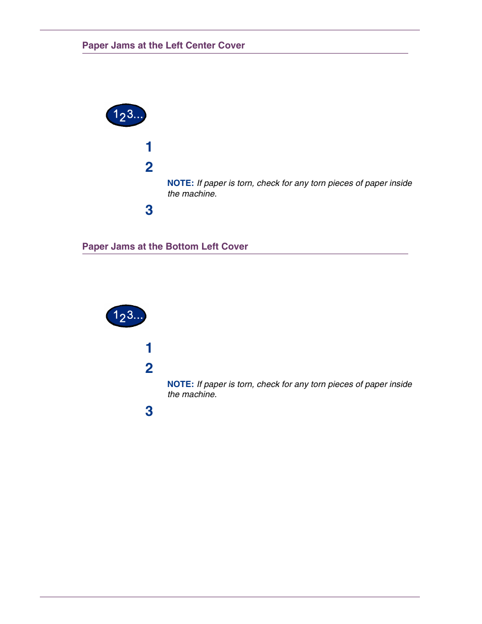 Paper jams at the left center cover, Paper jams at the bottom left cover, Paper jams at the left center cover 7–4 | Paper jams at the bottom left cover 7–4 | HP 3535 User Manual | Page 238 / 268