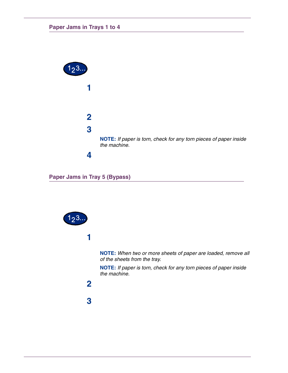Paper jams in trays 1 to 4, Paper jams in tray 5 (bypass), Paper jams in trays 1 to 4 7–5 | Paper jams in tray 5 (bypass) 7–5 | HP 3535 User Manual | Page 239 / 268
