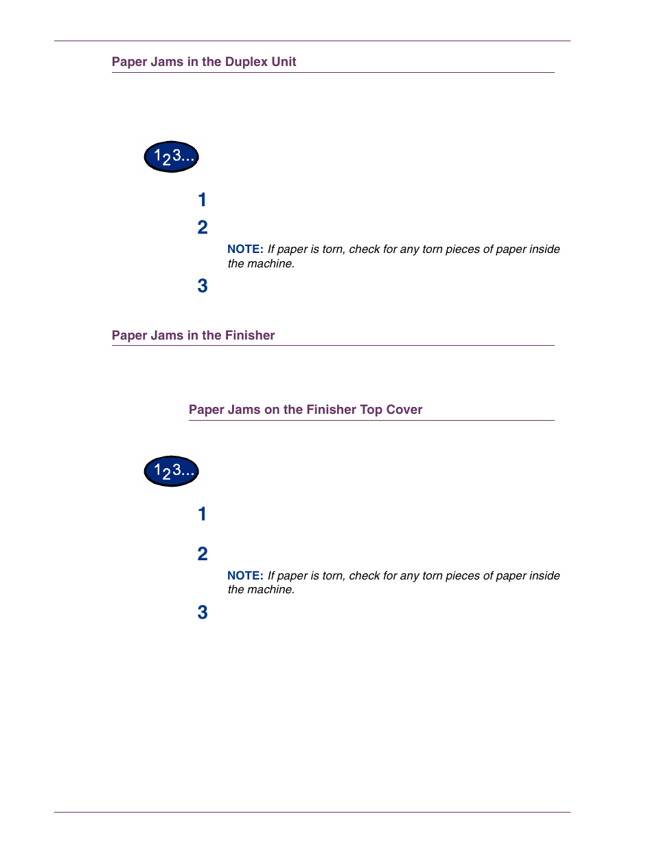 Paper jams in the duplex unit, Paper jams in the finisher, Paper jams on the finisher top cover | Paper jams in the duplex unit 7–6, Paper jams in the finisher 7–6 | HP 3535 User Manual | Page 240 / 268